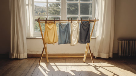 A warm and inviting scene featuring colorful clothes drying on a wooden rack illuminated by sunlight, creating a cozy and serene atmosphere in a domestic setting.の素材