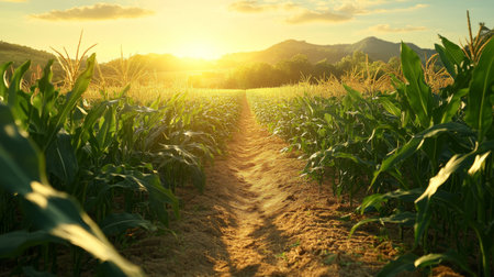 A picturesque scene of a cornfield under a radiant sunset, showcasing green plants leading to the horizon. Ideal for themes related to agriculture, nature, and rural beauty.の素材