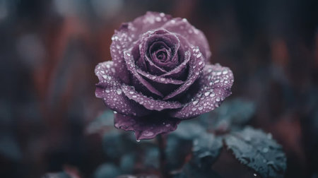 A stunning close-up of a purple rose adorned with glistening water droplets, evoking feelings of tranquility and beauty in natureの素材