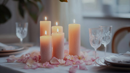 A beautifully arranged dining table featuring soft candles, rose petals, and elegant glassware, perfect for creating a cozy and romantic ambiance during special occasions or intimate gatherings.の素材
