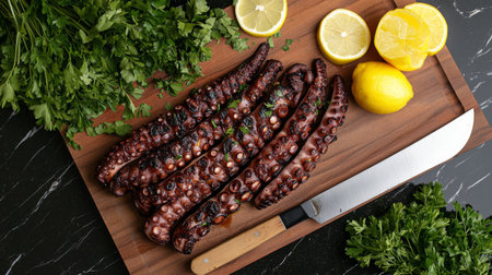 A beautifully arranged fresh grilled octopus on a wooden cutting board with vibrant greens and yellow lemons, perfect for culinary creations and inspiring delicious seafood recipes.の素材