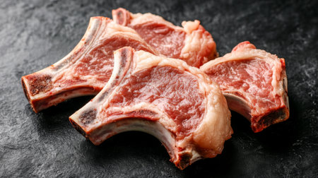 Three cuts of fresh raw pork chops resting on a dark stone surface, showcasing rich textures and colors, ideal for culinary projects or cooking inspiration.の素材