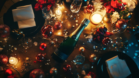 A beautifully arranged table for a New Year's celebration featuring sparkling champagne, decorative orbs, glowing candles, and festive elements, creating a warm and inviting atmosphere.の素材