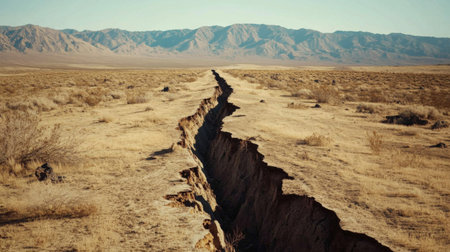 Stunning view of a deep geological fault line cutting through a serene desert landscape, with distant mountains under a vast blue sky, showcasing nature's raw power and beauty.の素材