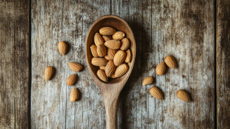 A rustic wooden spoon filled with raw almonds rests on a weathered wooden surface, showcasing the natural beauty and health benefits of nuts for a wholesome lifestyle.の素材