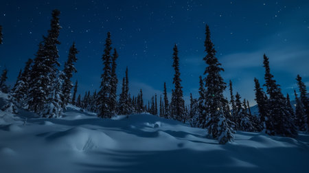 A tranquil winter landscape showcasing a snow-covered forest at night, where tall pine trees rise under a starry sky, creating a serene and peaceful atmosphere.の素材
