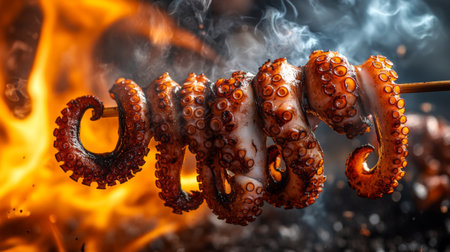 Grilled octopus tentacles presented on skewers, showcasing flames and smoke, highlight a vibrant outdoor cooking scene perfect for culinary enthusiasts.の素材