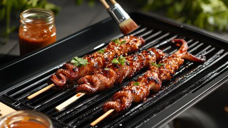 Mouthwatering grilled seafood skewers featuring a savory glaze, adorned with fresh herbs, perfect for outdoor gatherings and culinary celebrations, showcasing delicious flavors.の素材