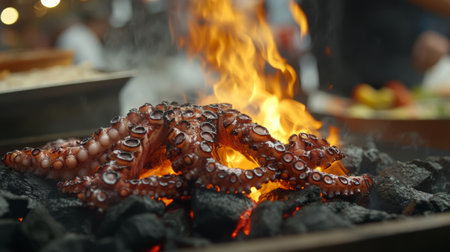 A vibrant and sizzling scene of octopus being grilled over open flames, showcasing the art of outdoor cooking at a summer food festival filled with tantalizing aromas.の素材