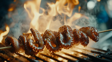 A mesmerizing image of octopus skewers grilling over an open flame, showcasing the smoky texture and rich flavors of seafood, perfect for culinary enthusiasts and food lovers.の素材