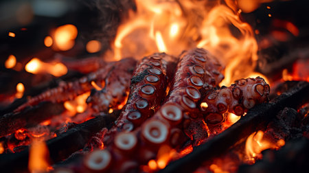 A mesmerizing shot of grilled octopus over an open flame showcases the vibrant colors and textures, inviting viewers into the world of outdoor gourmet cooking.の素材