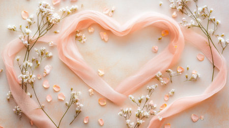 A soft pink fabric forms a heart shape surrounded by delicate flowers and petals, creating an enchanting scene perfect for romantic themes or special celebrations.の素材