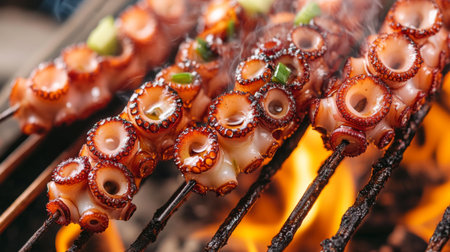 Savor the enticing aroma of grilled octopus skewers, cooked over charcoal flames. A perfect blend of smoky flavor and freshness, ideal for seafood lovers.の素材