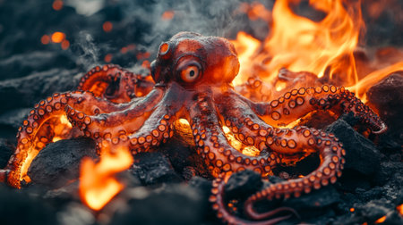 A stunning octopus emerges amidst flowing lava and flames, showcasing its vivid colors and intricate textures in a dramatic volcanic setting, a rare display of nature's beauty and power.の素材