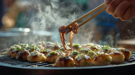 A close-up of grilled takoyaki showcasing an octopus tentacle lifted with chopsticks, surrounded by steaming, flavorful balls, ideal for food enthusiasts and culinary art lovers.の素材