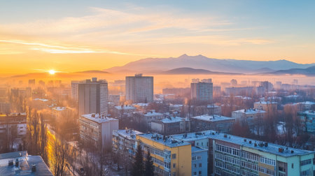 This image captures a breathtaking sunrise over an urban landscape, showcasing mist rolling over buildings with majestic mountains in the background. Perfect for serene visuals.の素材