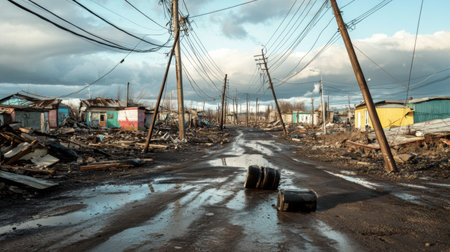 A haunting view of a desolate street in a devastated area, showcasing the remnants of buildings, fallen utility poles, and puddles reflecting the stormy sky above.の素材