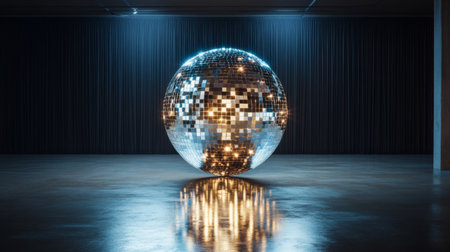 A stunning disco ball resting on a polished floor, radiating vibrant reflections and creating a captivating atmosphere in a modern studio space, ideal for celebrations and events.の素材