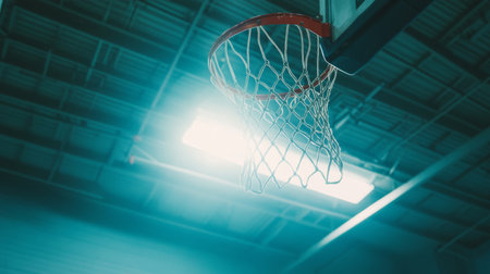 A captivating image of a basketball hoop illuminated by soft lighting in a gymnasium, showcasing its net and backboard, perfect for sports-themed projects and athletic activities.の素材
