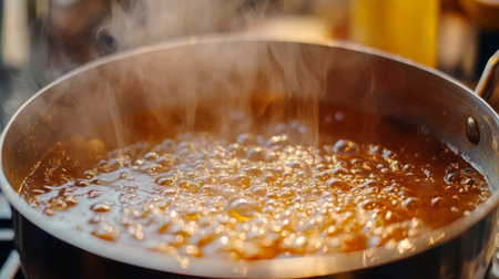 A close-up image of simmering broth in a shiny metal pot, with steam rising, showcasing the warmth and inviting atmosphere of cooking at home.の素材