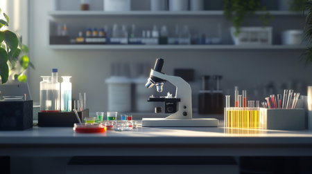 Explore a modern laboratory scene featuring a microscope surrounded by colorful test tubes and equipment, perfect for showcasing scientific research and innovation.の素材