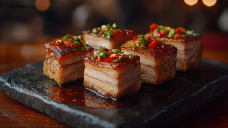 Savory and visually appealing close-up of crispy pork belly topped with herbs and spicy sauce, beautifully presented on a dark slate platter in a rustic restaurant ambiance.の素材