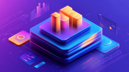 This vibrant abstract illustration features bar graphs layered in a digital style, perfect for concepts in business, analytics, and technology. High-energy colors enhance engagement.の素材