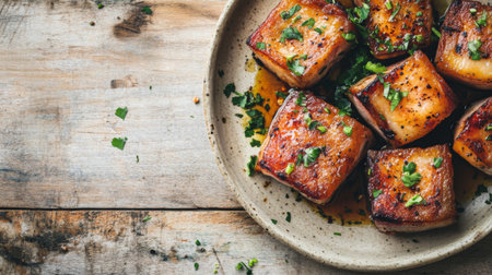 Indulge in this beautifully presented seared pork belly dish, featuring crispy edges and fresh herb garnish, perfect for any gourmet meal or rustic dining experience.の素材