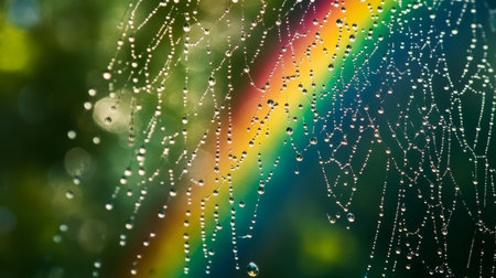A stunning close-up of water droplets on a spider web, beautifully reflecting a vibrant rainbow and surrounded by lush green foliage, evoking a serene and refreshing atmosphere.の素材