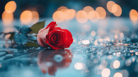 A mesmerizing red rose rests on a wet surface, adorned with raindrops, complemented by soft bokeh lights, evoking feelings of romance and natural beauty.の素材