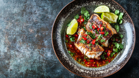 A beautifully plated grilled fish fillet garnished with fresh herbs, sliced chili peppers, and lime, showcasing vibrant colors and textures perfect for food photography.の素材