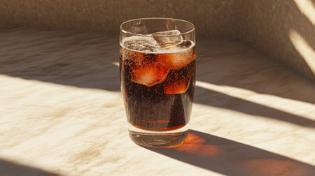 A refreshing glass of carbonated beverage filled with ice cubes, set on a sunlit table, evokes a sense of summertime relaxation and enjoyment, perfect for quenching thirst.の素材