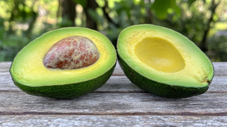 A visually appealing image of freshly cut avocado halves showcasing smooth, creamy flesh and vibrant green color, ideal for culinary uses and healthy lifestyle concepts.の素材
