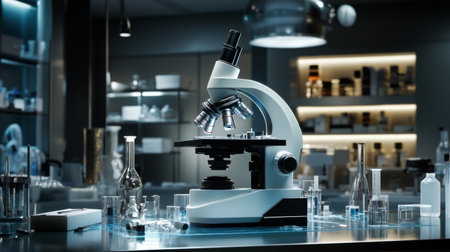 Explore a sleek laboratory scene featuring a cutting-edge microscope surrounded by glass beakers and scientific tools, designed for research and experimentation in a professional setting.の素材