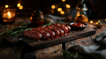 Indulge in the mouthwatering sight of grilled steak slices drizzled with spicy sauce, perfectly arranged on a rustic wooden board, enhanced by soft warm lighting.の素材