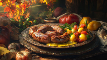 A beautifully arranged sausage platter featuring flavorful sausages accompanied by colorful vegetables, mustard, and autumn foliage, perfect for seasonal gatherings.の素材