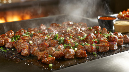 A mouthwatering scene of grilled meat on a hot surface, releasing steam and flavor, enhanced with green onions, showcasing a delicious culinary experience in a cozy setting.の素材