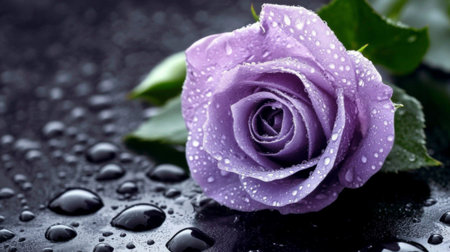 This image features a stunning lavender rose with glistening water droplets, creating a peaceful and elegant atmosphere perfect for nature-themed projects or romantic designs.の素材