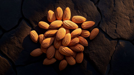This image showcases a beautiful arrangement of almonds on a dark stone background, emphasizing their natural colors and textures for a striking visual appeal.の素材