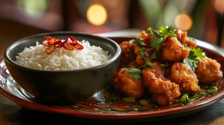 A vibrant plate featuring crispy fried chicken bites alongside a bowl of jasmine rice, garnished with fresh herbs and chili, perfect for a cozy dining experience.の素材