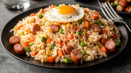 A vibrant plate of fried rice featuring juicy sausages, colorful vegetables, and a sunny-side-up egg, ideal for meal inspiration and culinary creations.の素材