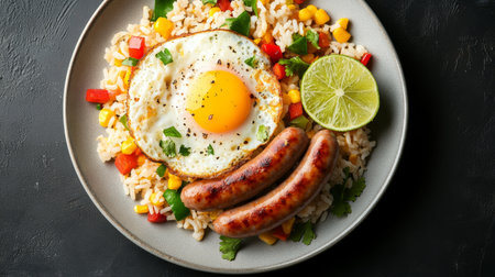 A vibrant breakfast plate featuring a perfectly fried egg, juicy grilled sausages, and a colorful rice mix with vegetables, garnished with a slice of fresh lime.の素材