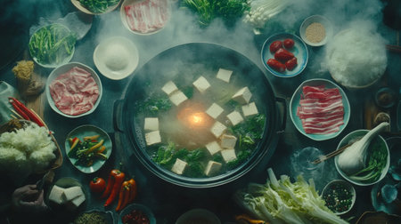Experience the lively atmosphere of a hot pot gathering with fresh ingredients and steam, showcasing a traditional culinary delight ideal for cozy family dinners.の素材