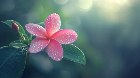 A beautiful pink flower adorned with dew drops stands out against a softly blurred background, capturing the essence of nature's tranquility and delicate beauty.の素材
