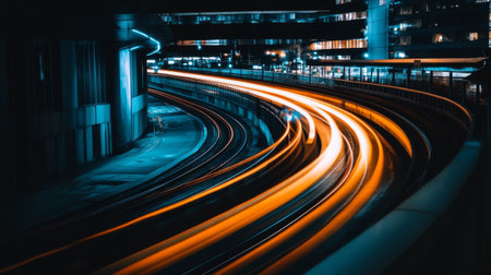 A captivating urban scene featuring vibrant light trails on winding tracks, capturing the dynamic energy of nightlife and modern architecture in a bustling city environment.の素材