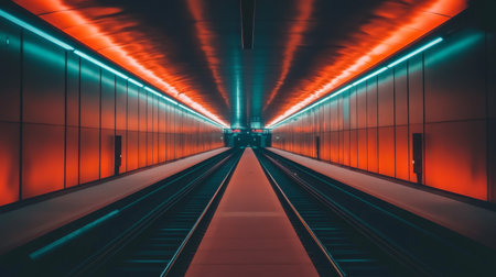 A breathtaking view of a futuristic subway station featuring vibrant neon lights, empty tracks, and a sleek design that invites exploration in an urban space.の素材