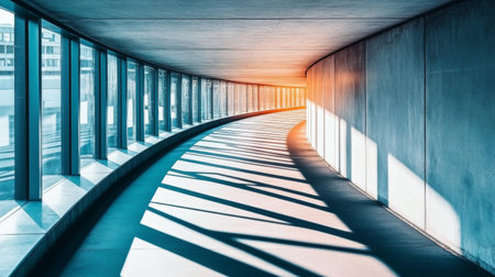 A serene and modern corridor featuring curved lines and natural light creating dramatic shadows and a tranquil ambiance, perfect for architectural themes.の素材