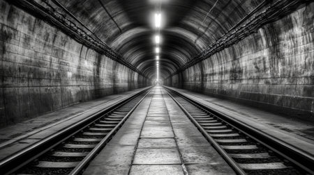 A striking black and white image of an underground tunnel, featuring train tracks leading toward a bright light, evoking a sense of mystery and exploration.の素材