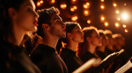 A captivating image of young people singing together in a choir, immersed in emotion under warm stage lights, showcasing their passion and unity in music.の素材