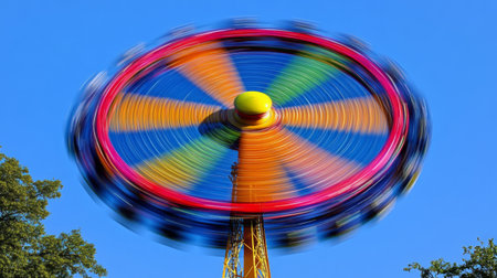 A vibrant and colorful carnival ride spinning against a clear blue sky captures the essence of summer fun and excitement at amusement parks.の素材